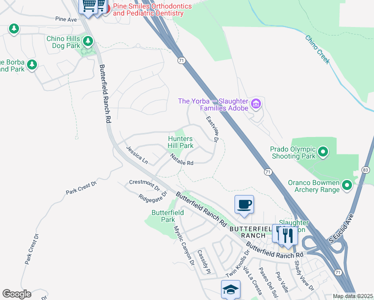 map of restaurants, bars, coffee shops, grocery stores, and more near 17400 East Park in Chino Hills