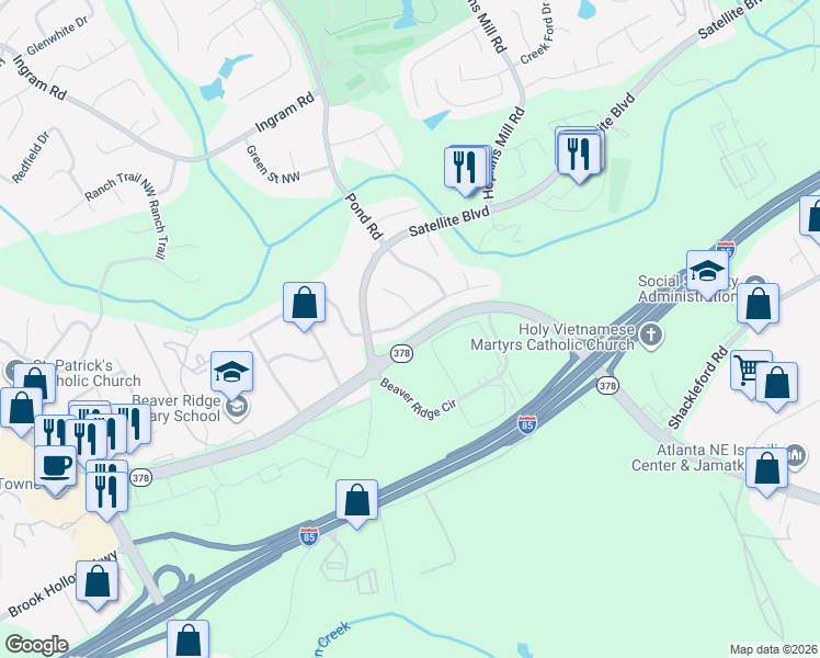map of restaurants, bars, coffee shops, grocery stores, and more near 4762 Valley Ridge Drive in Duluth