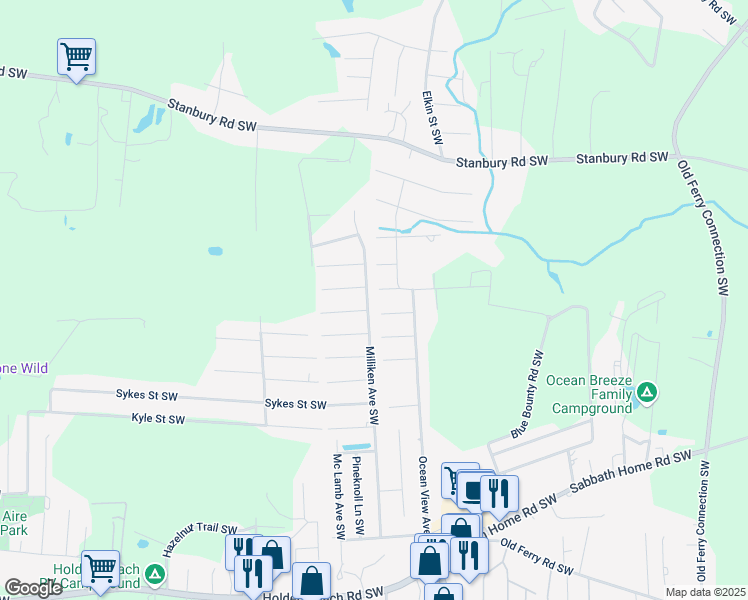 map of restaurants, bars, coffee shops, grocery stores, and more near 1175 Sea Way SW in Brunswick