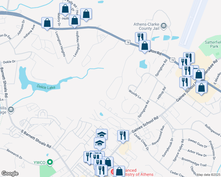 map of restaurants, bars, coffee shops, grocery stores, and more near 422 Seagraves Drive in Athens