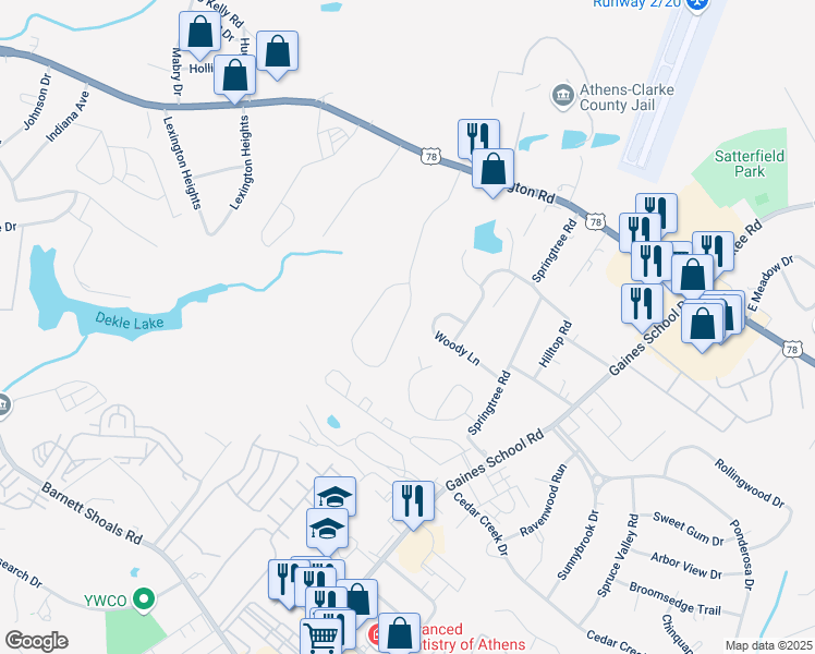 map of restaurants, bars, coffee shops, grocery stores, and more near 243 Seagraves Drive in Athens