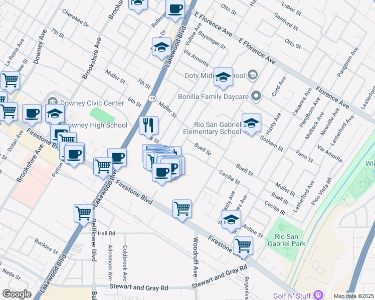 map of restaurants, bars, coffee shops, grocery stores, and more near 9177 Cecilia Street in Downey
