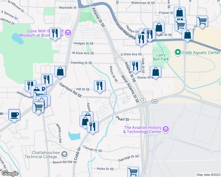 map of restaurants, bars, coffee shops, grocery stores, and more near 237 Hill Street Southeast in Marietta