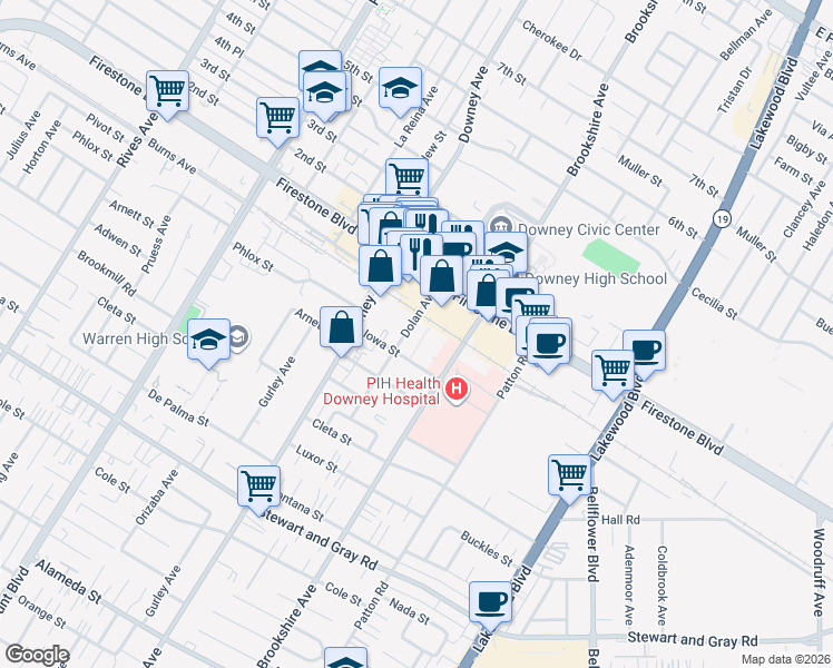 map of restaurants, bars, coffee shops, grocery stores, and more near 11410 Dolan Avenue in Downey