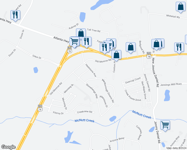map of restaurants, bars, coffee shops, grocery stores, and more near 149 Heelstone Avenue in Bogart