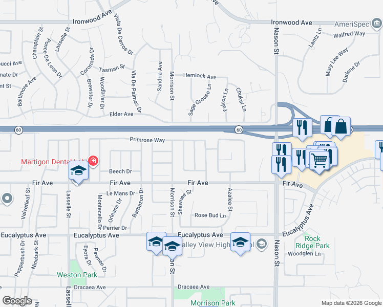 map of restaurants, bars, coffee shops, grocery stores, and more near 12623 Torrey Pine Road in Moreno Valley