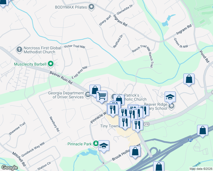 map of restaurants, bars, coffee shops, grocery stores, and more near 5137 Tahoe Court Northwest in Norcross