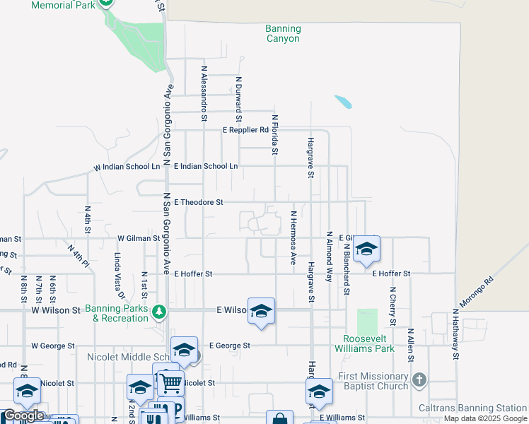 map of restaurants, bars, coffee shops, grocery stores, and more near 1359 Vista Serena Avenue in Banning