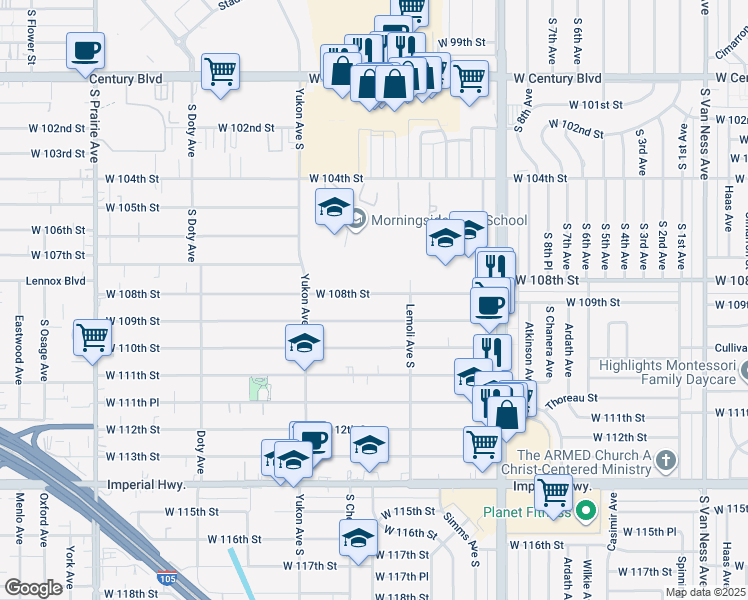 map of restaurants, bars, coffee shops, grocery stores, and more near 3406 West 108th Street in Inglewood