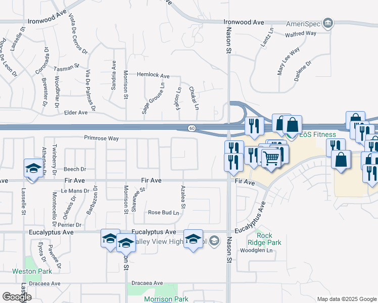 map of restaurants, bars, coffee shops, grocery stores, and more near 12634 Gardenia Circle in Moreno Valley