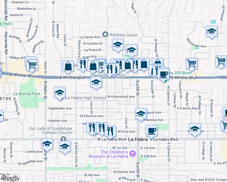 map of restaurants, bars, coffee shops, grocery stores, and more near 619 North Hazel Street in La Habra
