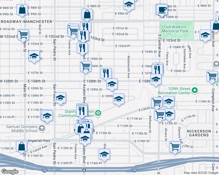 map of restaurants, bars, coffee shops, grocery stores, and more near 741 East 109th Street in Los Angeles