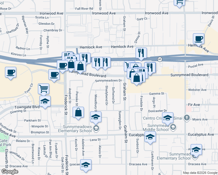 map of restaurants, bars, coffee shops, grocery stores, and more near 12582 Shadybend Drive in Moreno Valley