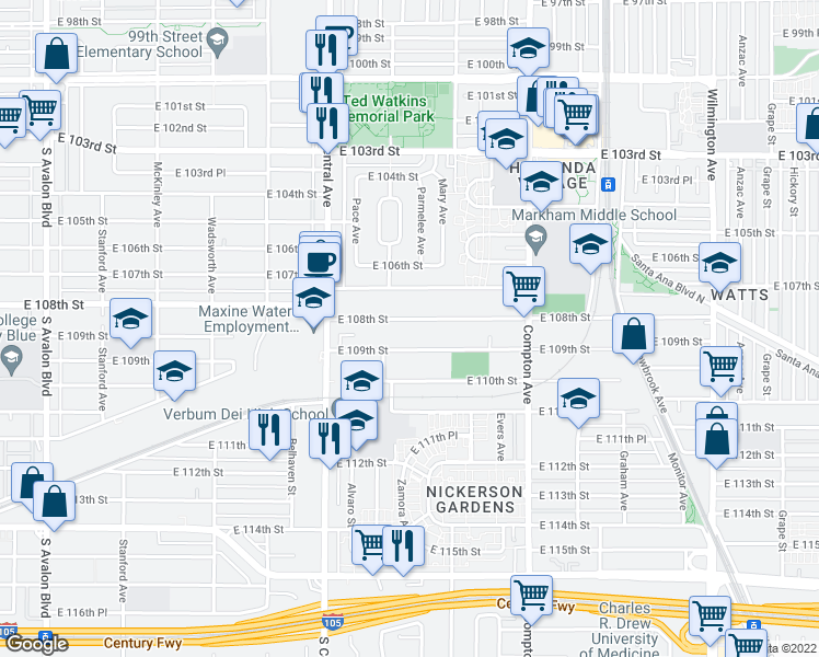 map of restaurants, bars, coffee shops, grocery stores, and more near 1358 E 108th St in Los Angeles