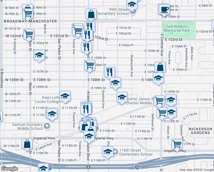map of restaurants, bars, coffee shops, grocery stores, and more near 715 East 109th Street in Los Angeles