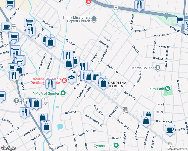 map of restaurants, bars, coffee shops, grocery stores, and more near 115 Highland Avenue in Sumter