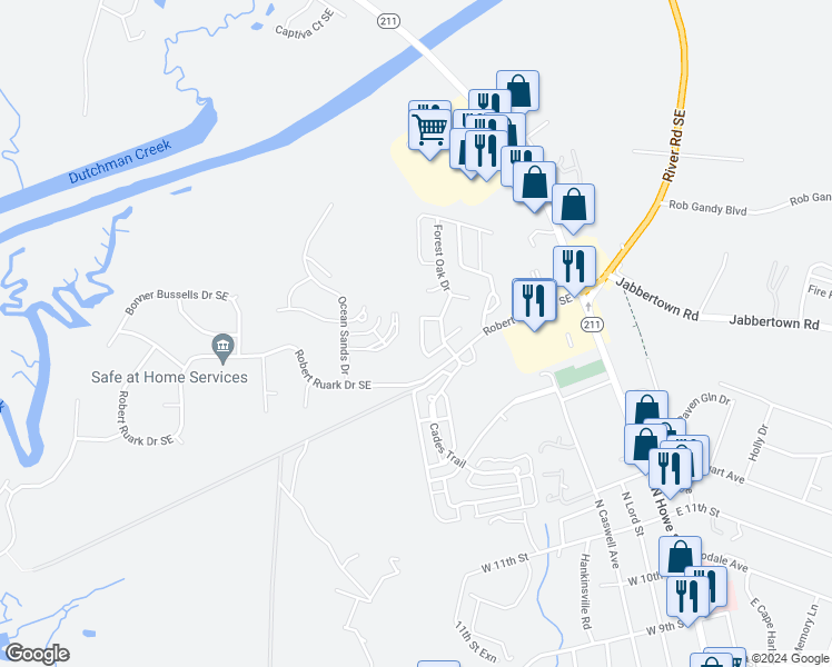 map of restaurants, bars, coffee shops, grocery stores, and more near 272 Bonnet Way Southeast in Southport