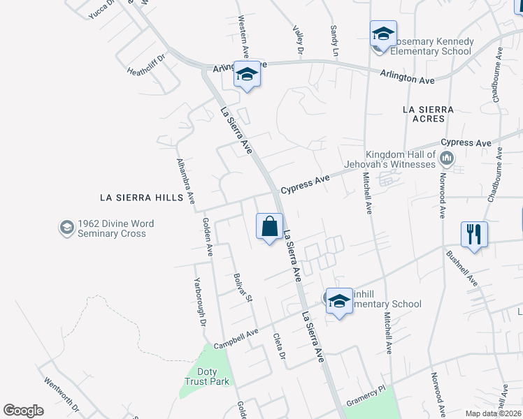 map of restaurants, bars, coffee shops, grocery stores, and more near 5983 Kings Ranch Road in Riverside