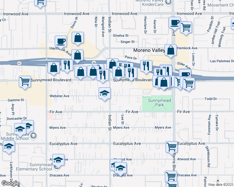 map of restaurants, bars, coffee shops, grocery stores, and more near 24550 Webster Avenue in Moreno Valley