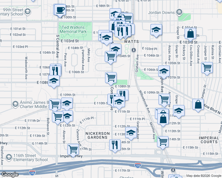 map of restaurants, bars, coffee shops, grocery stores, and more near 10807 Compton Avenue in Los Angeles
