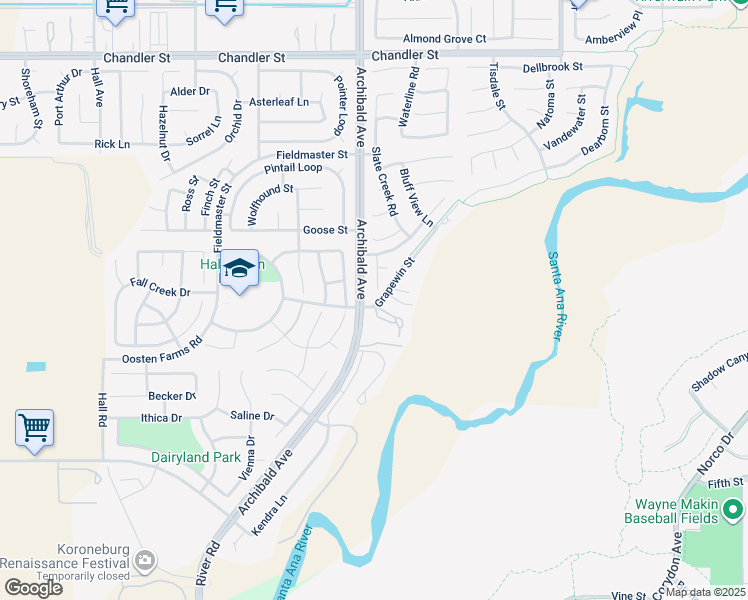 map of restaurants, bars, coffee shops, grocery stores, and more near 8224 Fieldstream Court in Corona