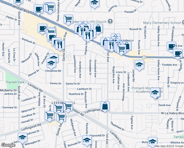 map of restaurants, bars, coffee shops, grocery stores, and more near 10724 Grovedale Drive in Whittier