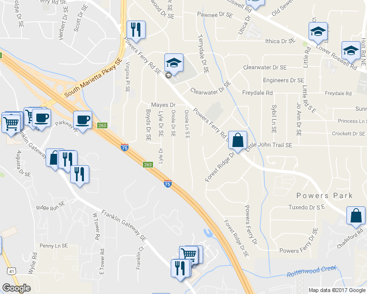 map of restaurants, bars, coffee shops, grocery stores, and more near 920 Oriole Lane South East in Marietta