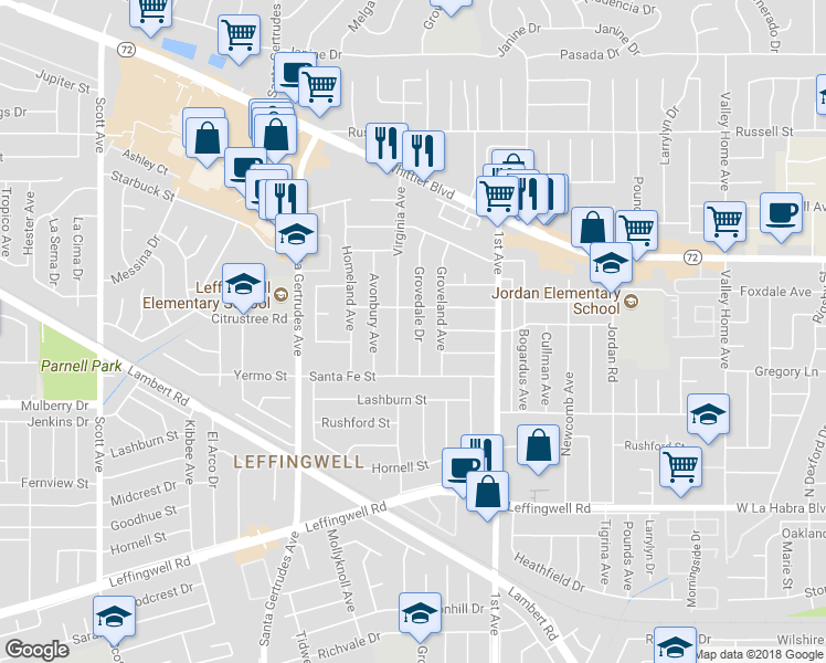 map of restaurants, bars, coffee shops, grocery stores, and more near 10725 Grovedale Drive in Whittier