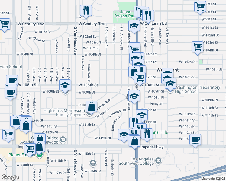 map of restaurants, bars, coffee shops, grocery stores, and more near 1925 West 109th Street in Los Angeles