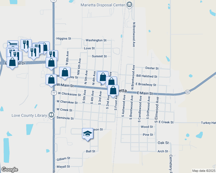 map of restaurants, bars, coffee shops, grocery stores, and more near 114 West Main Street in Marietta