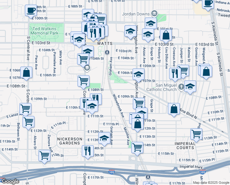 map of restaurants, bars, coffee shops, grocery stores, and more near 10810 Willowbrook Ave in Los Angeles
