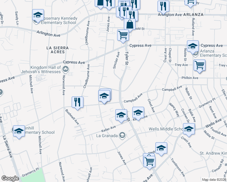 map of restaurants, bars, coffee shops, grocery stores, and more near 10334 Robinson Avenue in Riverside