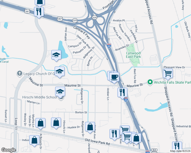 map of restaurants, bars, coffee shops, grocery stores, and more near 1298 Harlan Ave in Wichita Falls