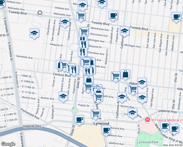 map of restaurants, bars, coffee shops, grocery stores, and more near in Lynwood