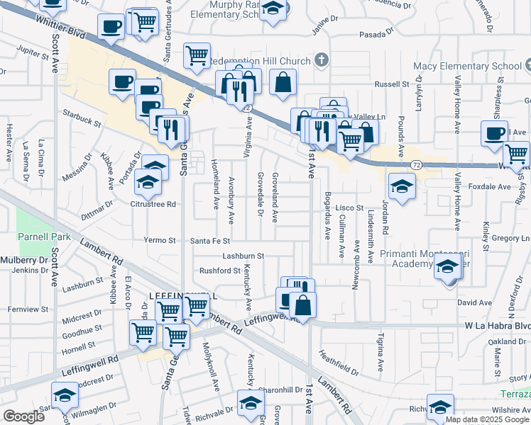 map of restaurants, bars, coffee shops, grocery stores, and more near 10724 Grovedale Drive in Whittier