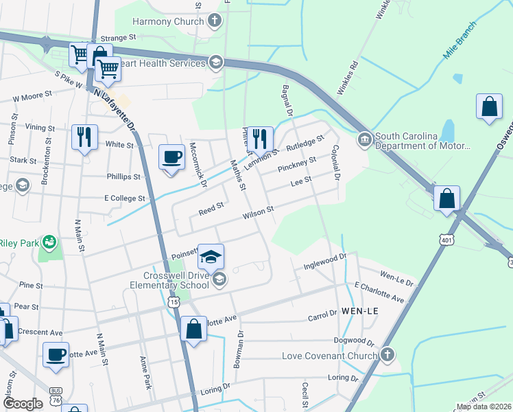 map of restaurants, bars, coffee shops, grocery stores, and more near 805 Mathis St in Sumter