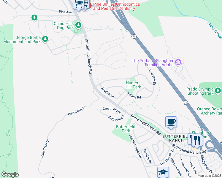 map of restaurants, bars, coffee shops, grocery stores, and more near 5941 Natalie Road in Chino Hills