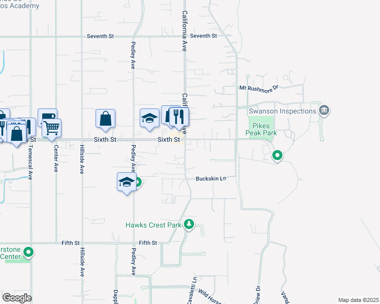map of restaurants, bars, coffee shops, grocery stores, and more near 3841 California Avenue in Norco