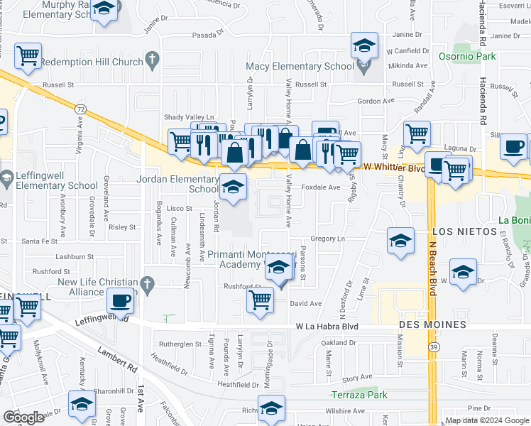 map of restaurants, bars, coffee shops, grocery stores, and more near 16533 Windsor Avenue in Whittier