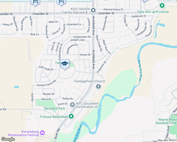map of restaurants, bars, coffee shops, grocery stores, and more near 8277 Angeline Falls Way in Corona