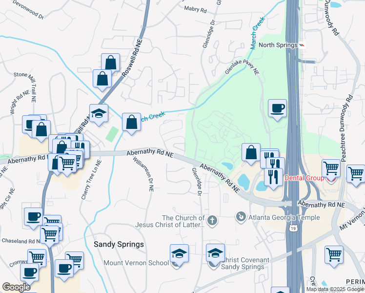 map of restaurants, bars, coffee shops, grocery stores, and more near 527 Willow Heights Drive Northeast in Sandy Springs