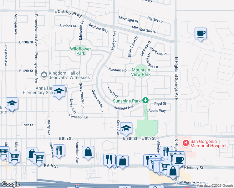 map of restaurants, bars, coffee shops, grocery stores, and more near 1462 Lyra Way in Beaumont