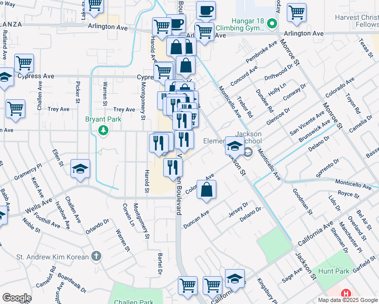 map of restaurants, bars, coffee shops, grocery stores, and more near 9231 Audrey Avenue in Riverside