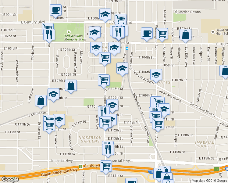 map of restaurants, bars, coffee shops, grocery stores, and more near 1628 E 108th St in Los Angeles