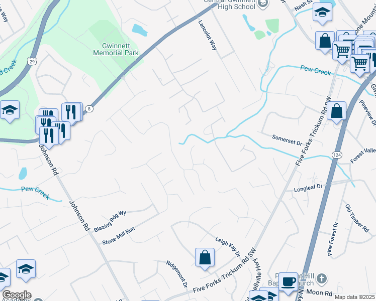 map of restaurants, bars, coffee shops, grocery stores, and more near 225 Camden Park Drive Southwest in Lawrenceville