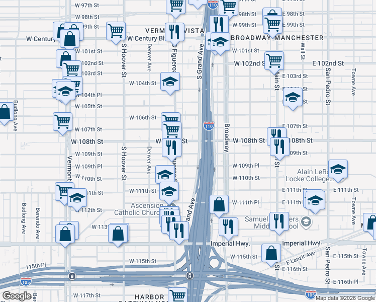 map of restaurants, bars, coffee shops, grocery stores, and more near 425 West 109th Street in Los Angeles