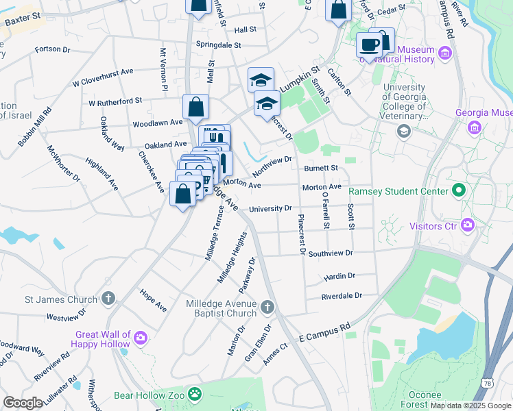 map of restaurants, bars, coffee shops, grocery stores, and more near 141 University Dr in Athens