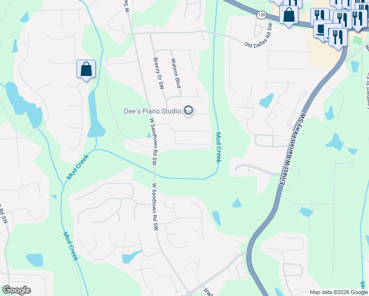 map of restaurants, bars, coffee shops, grocery stores, and more near 615 Sutton Way Southwest in Marietta