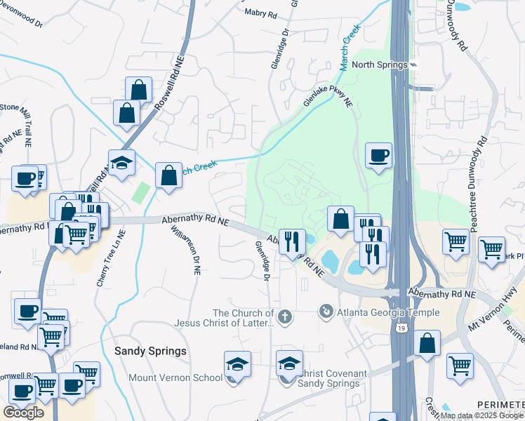 map of restaurants, bars, coffee shops, grocery stores, and more near 6701 Glenridge Drive in Sandy Springs