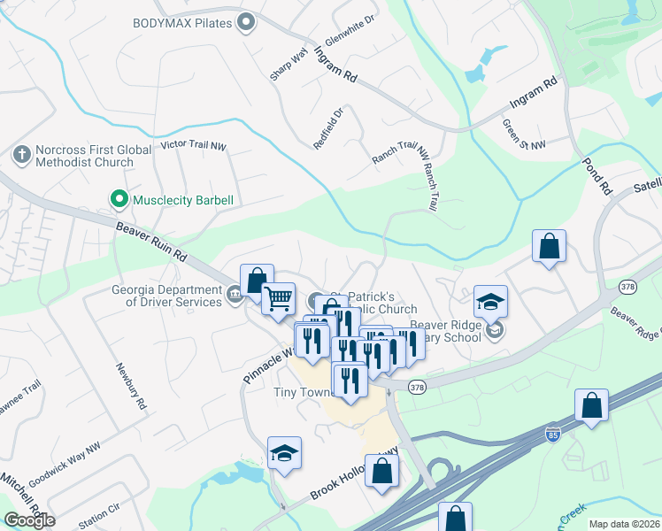 map of restaurants, bars, coffee shops, grocery stores, and more near 2127 Shadow Court Northwest in Norcross